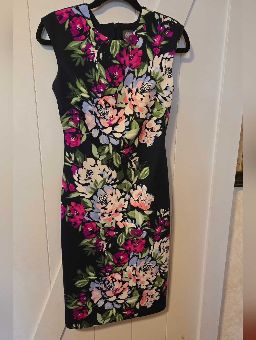 Vince Camuto Navy Floral Midi Sheath Dress Cap Sleeve Size 2, Like New